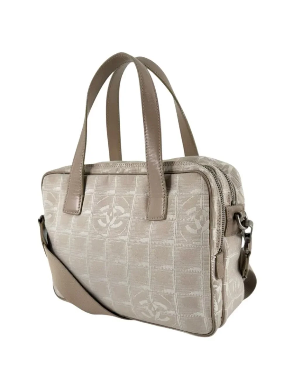 Chanel New Travel Leather Canvas Beige Handbag Silver